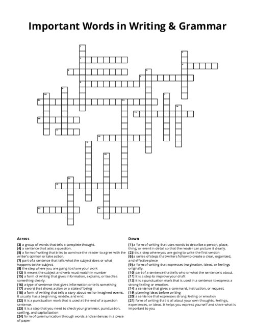 Important Words in Writing & Grammar Crossword Puzzle