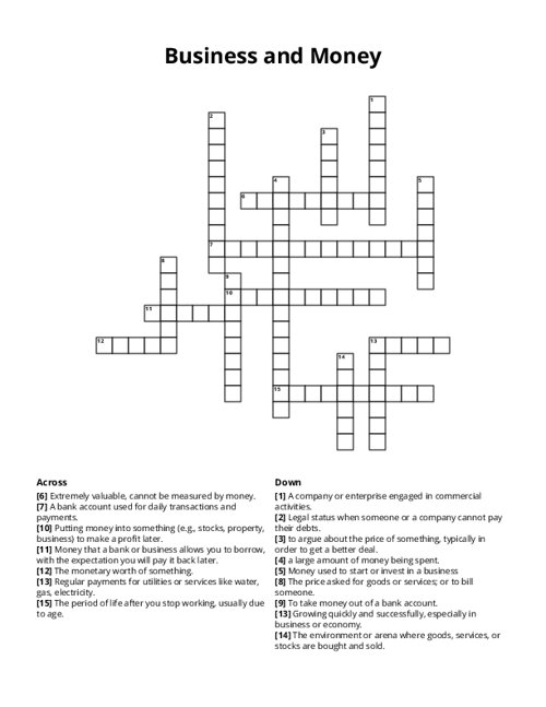Business and Money Crossword Puzzle
