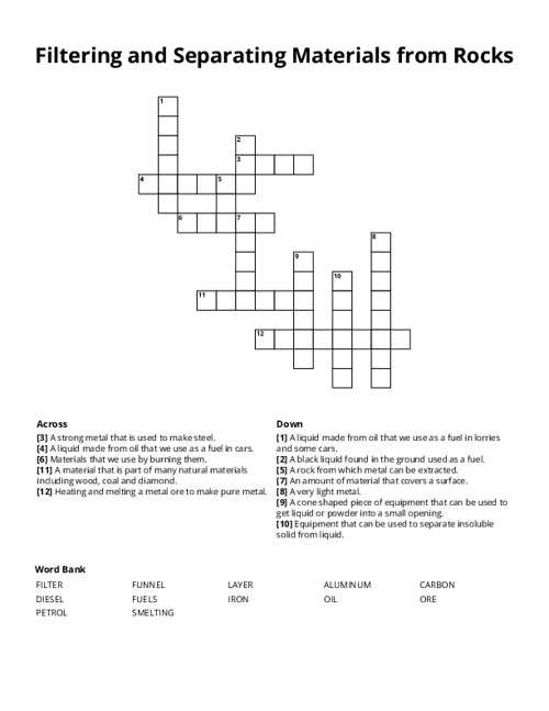 Filtering and Separating Materials from Rocks Crossword Puzzle
