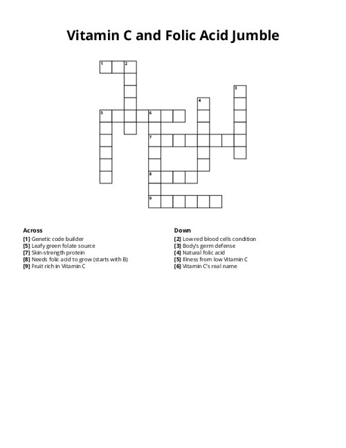 Vitamin C and Folic Acid Jumble Crossword Puzzle