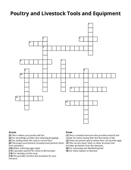 Poultry and Livestock Tools and Equipment Crossword Puzzle