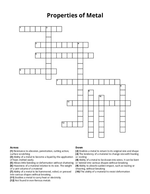Properties of Metal Crossword Puzzle
