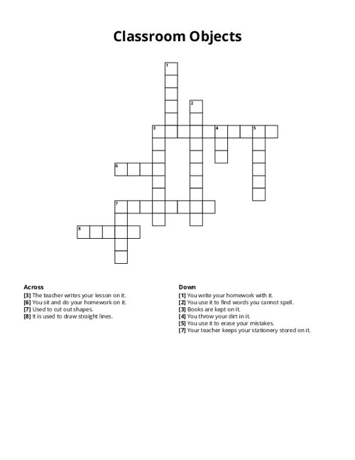 Classroom Objects Crossword Puzzle