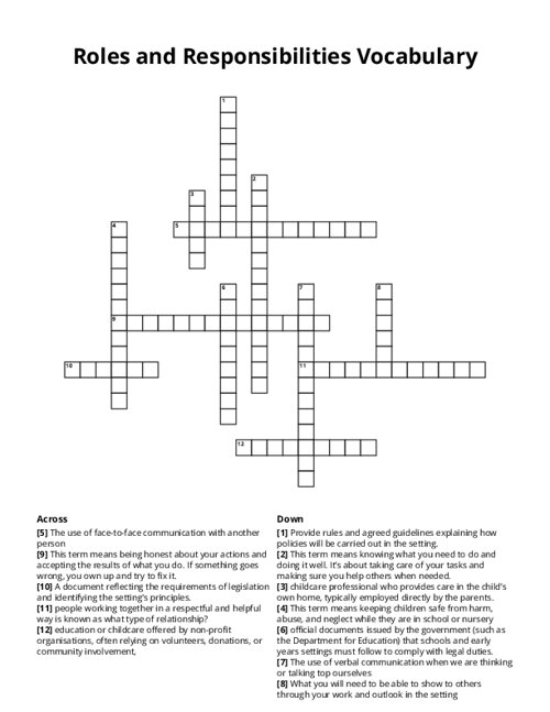 Roles and Responsibilities Vocabulary Crossword Puzzle
