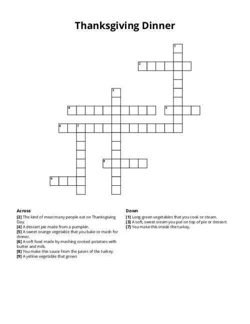 Thanksgiving Dinner Crossword Puzzle