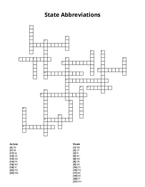 State Abbreviations Crossword Puzzle