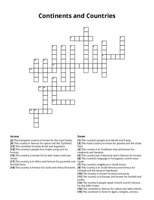 Continents and Countries Crossword Puzzle