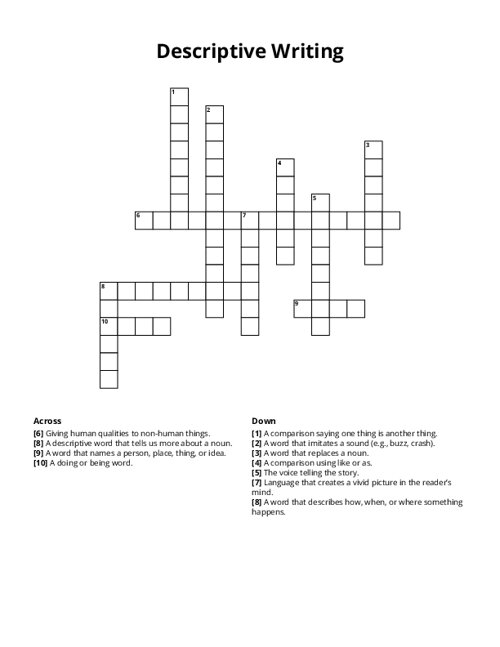 Descriptive Writing Crossword Puzzle