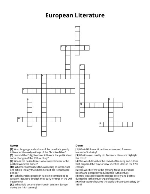 European Literature Crossword Puzzle