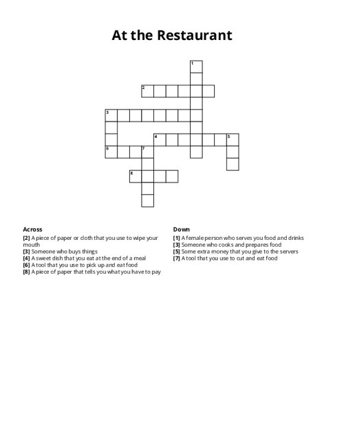 At the Restaurant Crossword Puzzle