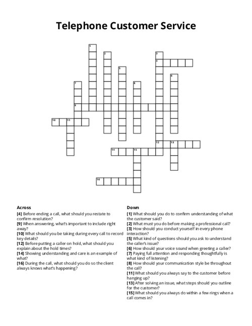 Telephone Customer Service Crossword Puzzle