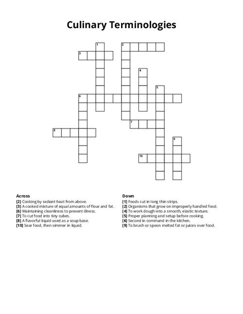 Culinary Terminologies Crossword Puzzle