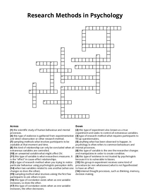Research Methods in Psychology Crossword Puzzle