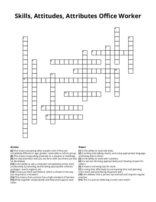 Skills, Attitudes, Attributes Office Worker Crossword Puzzle