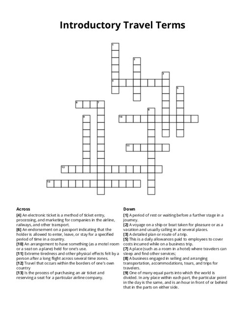 Introductory Travel Terms Crossword Puzzle