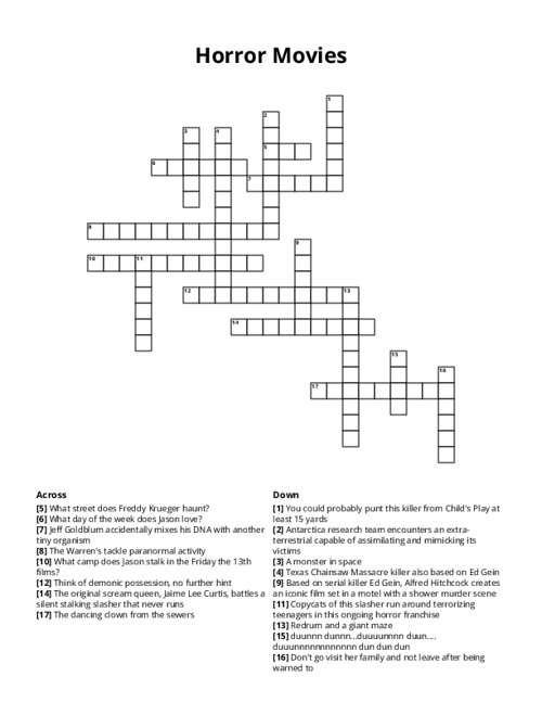 Horror Movies Crossword Puzzle