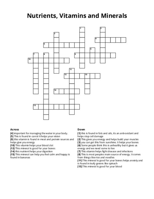 Nutrients, Vitamins and Minerals Crossword Puzzle
