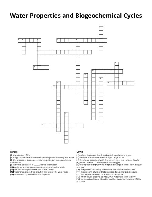 Water Properties and Biogeochemical Cycles Crossword Puzzle