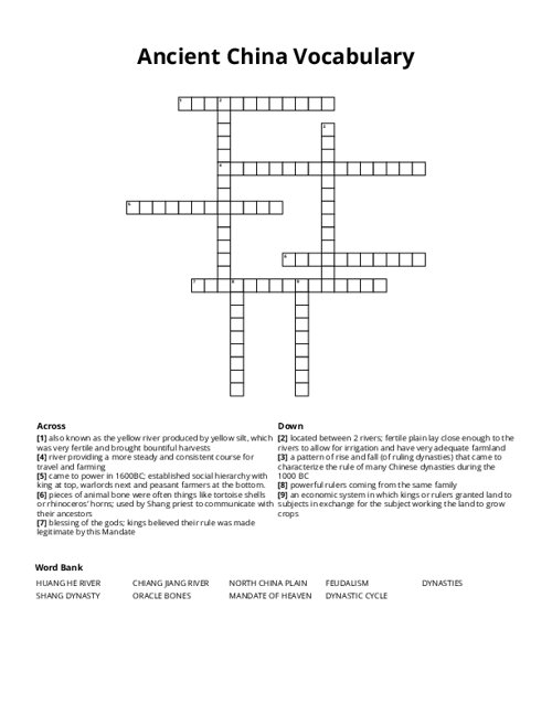 Ancient China Vocabulary Crossword Puzzle