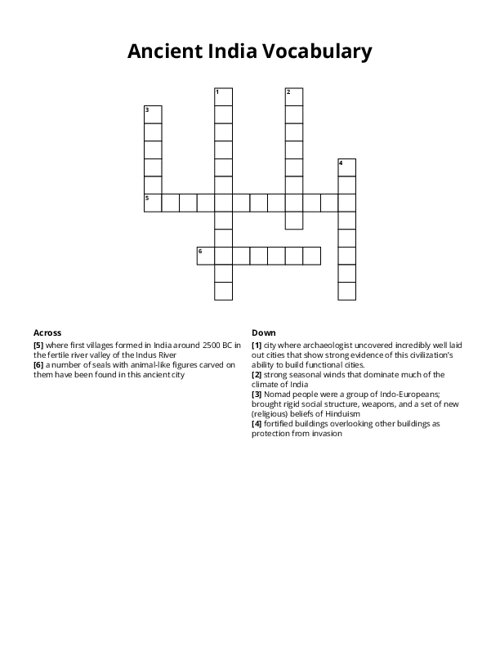 Ancient India Vocabulary Crossword Puzzle