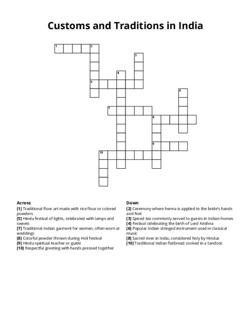 Customs and Traditions in India Crossword Puzzle