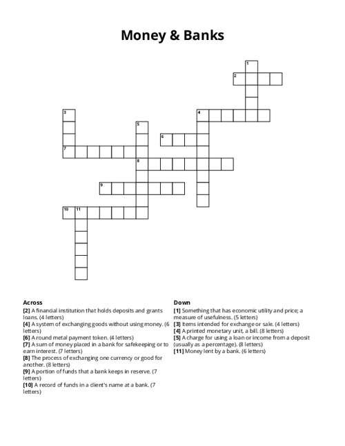 Money & Banks Crossword Puzzle