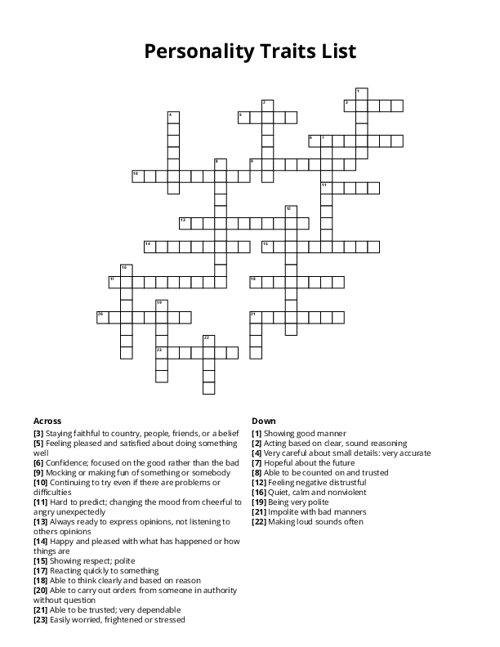 Personality Traits List Crossword Puzzle