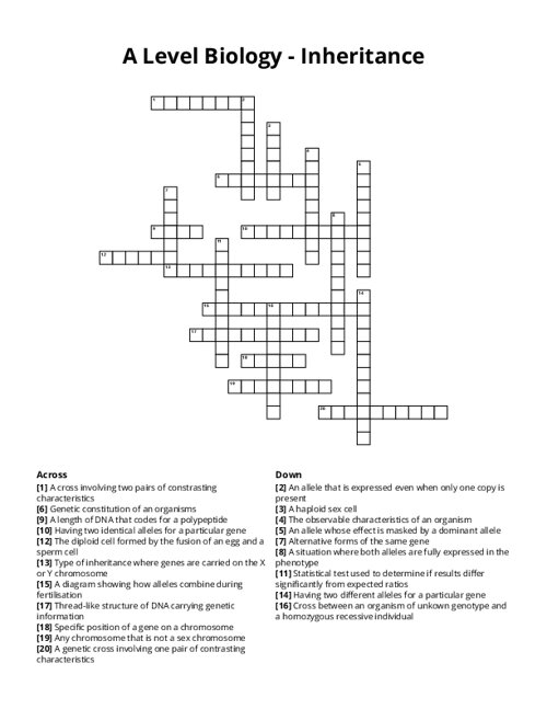 A Level Biology - Inheritance Crossword Puzzle