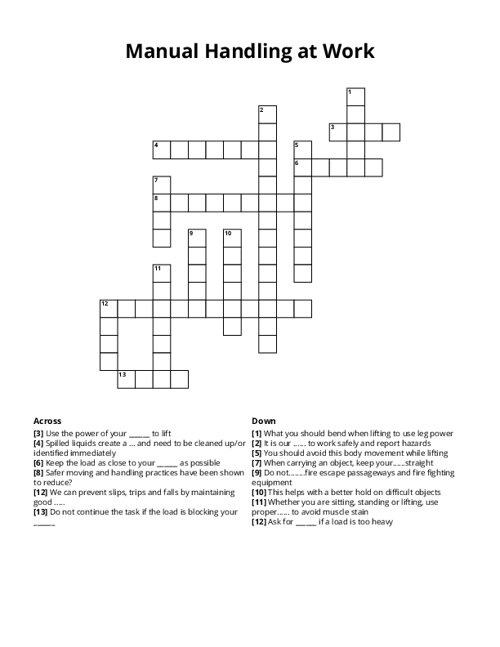 Manual Handling at Work Crossword Puzzle