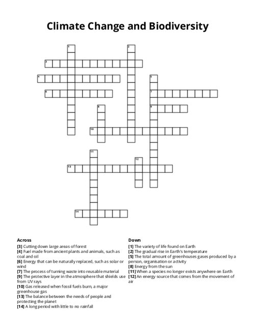 Climate Change and Biodiversity Crossword Puzzle