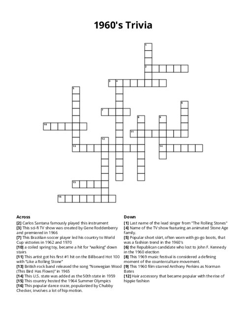 1960's Trivia Crossword Puzzle