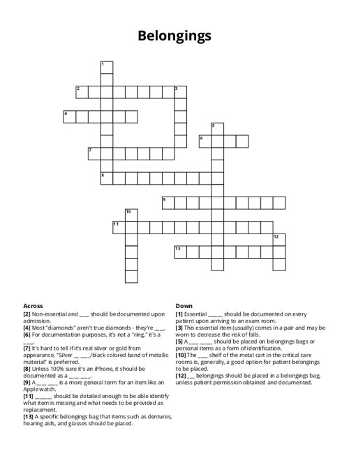 Belongings Crossword Puzzle