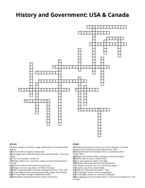 History and Government: USA & Canada Crossword Puzzle