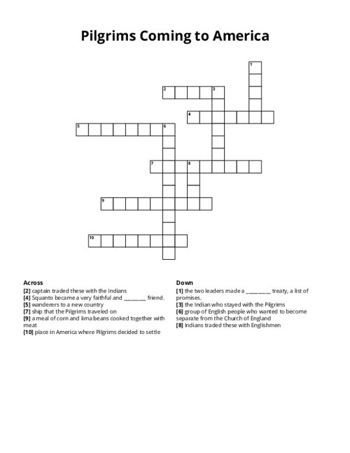 Pilgrims Coming to America Crossword Puzzle