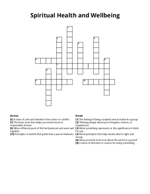 Spiritual Health and Wellbeing Crossword Puzzle