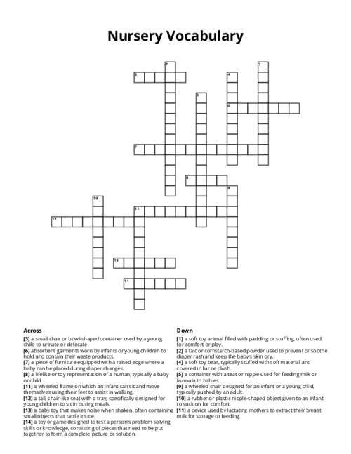 Nursery Vocabulary Crossword Puzzle