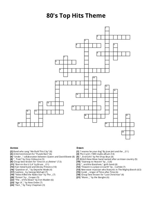 80's Top Hits Theme Crossword Puzzle