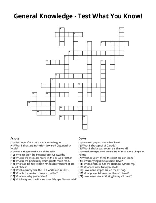 General Knowledge - Test What You Know! Crossword Puzzle