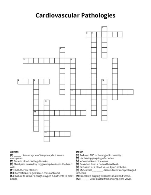 Cardiovascular Pathologies Crossword Puzzle