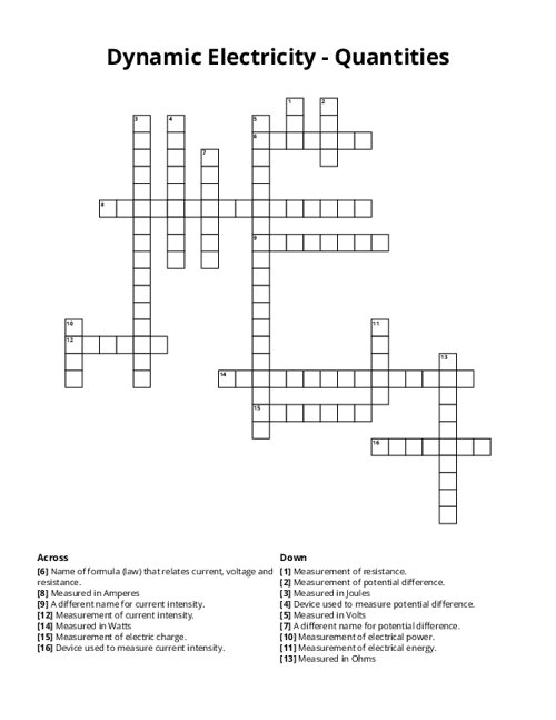Dynamic Electricity - Quantities Crossword Puzzle