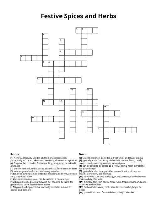 Festive Spices and Herbs Crossword Puzzle