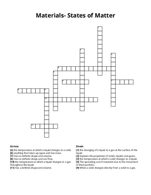 Materials- States of Matter Crossword Puzzle