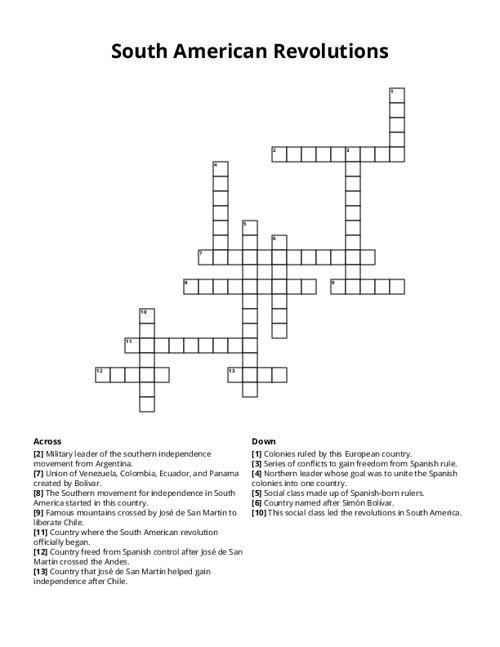 South American Revolutions Crossword Puzzle