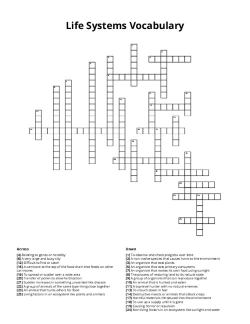 Life Systems Vocabulary Crossword Puzzle