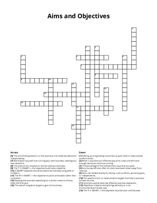 Aims and Objectives Crossword Puzzle