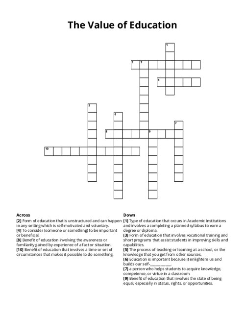 The Value of Education Crossword Puzzle