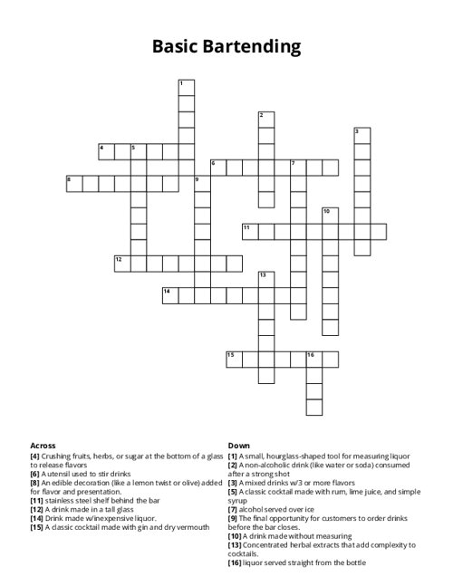 Basic Bartending Crossword Puzzle
