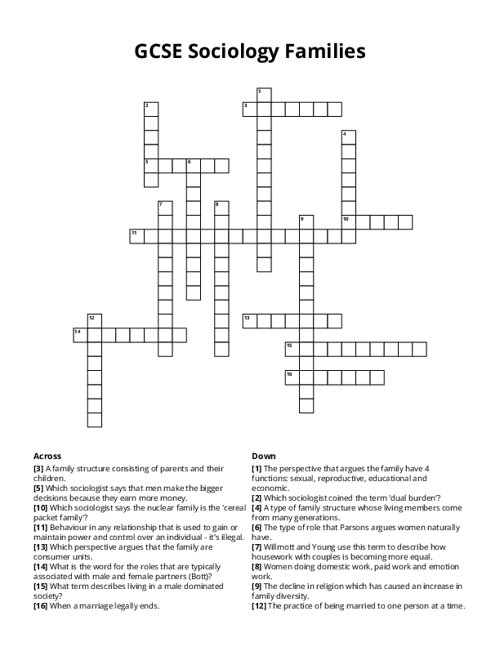 GCSE Sociology Families Crossword Puzzle