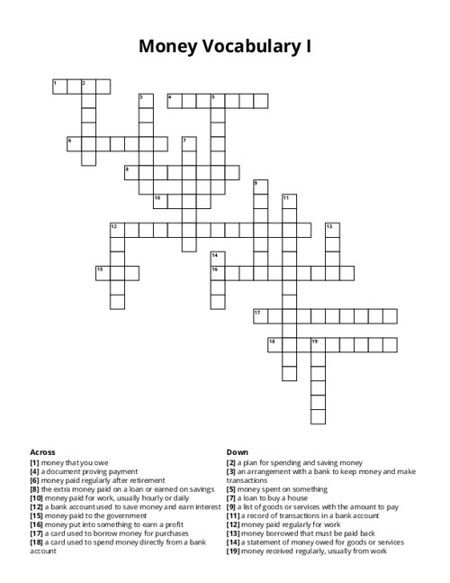 Money Vocabulary I Crossword Puzzle
