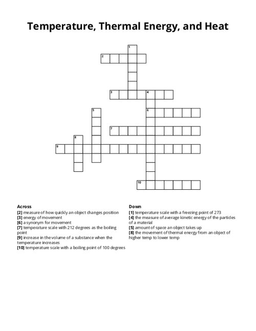 Temperature, Thermal Energy, and Heat Crossword Puzzle